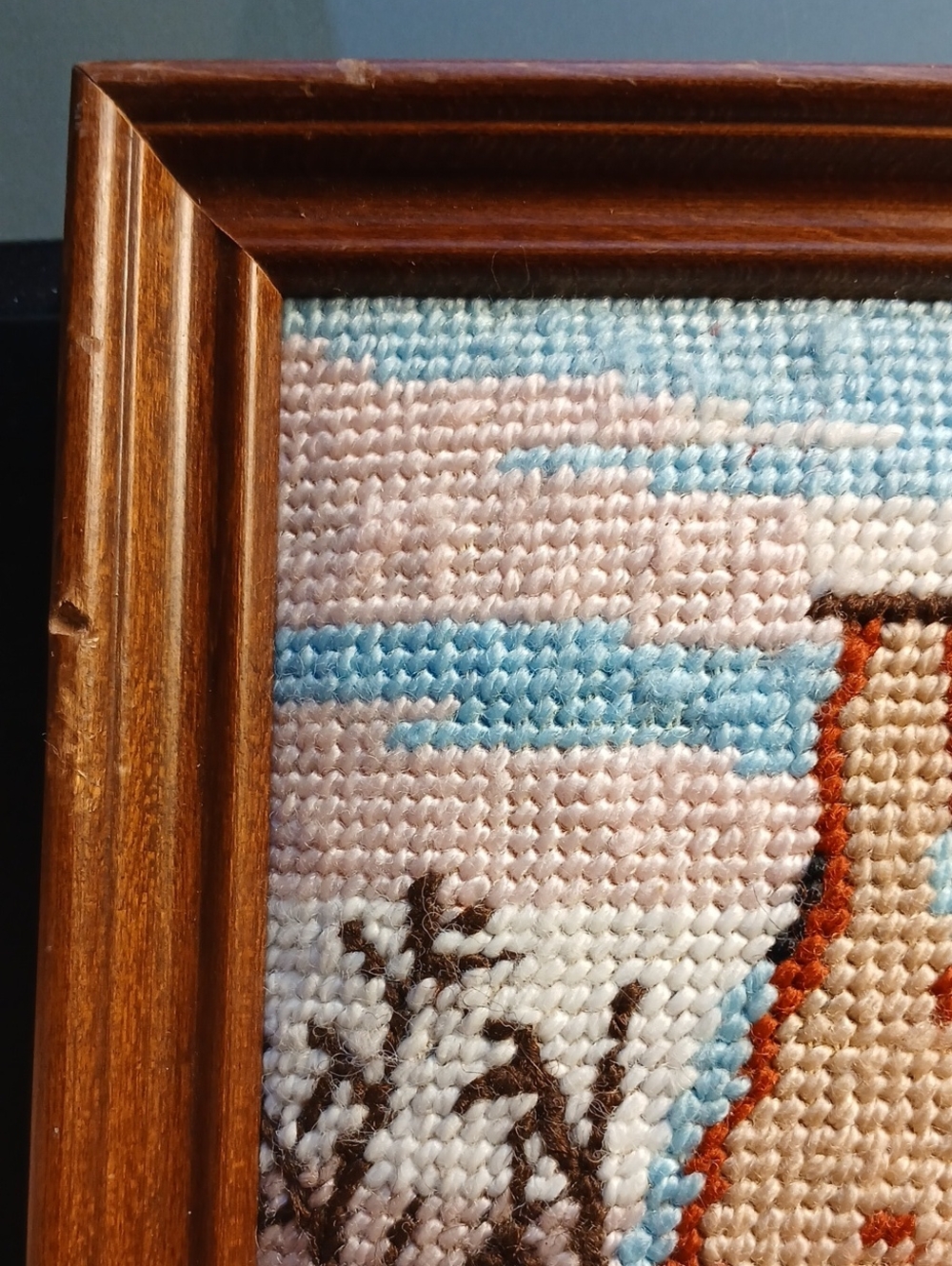 Old Framed Needlepoint of a Cottage In Winter - Picture 5 of 7